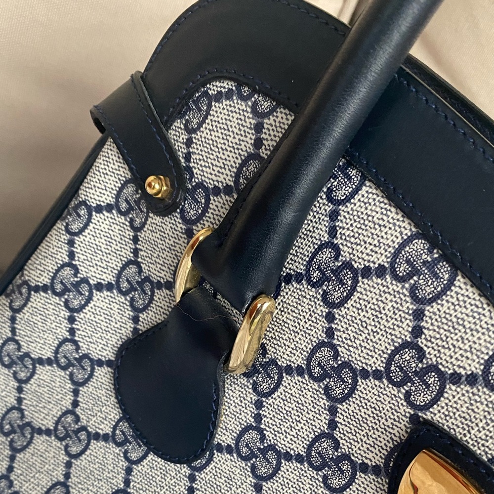 Vintage GUCCI Navy Blue Leather GG Satchel Tote - Picture 5 of 16
